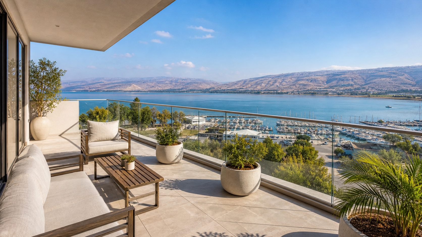 Balcony overlooking the Kinneret marina